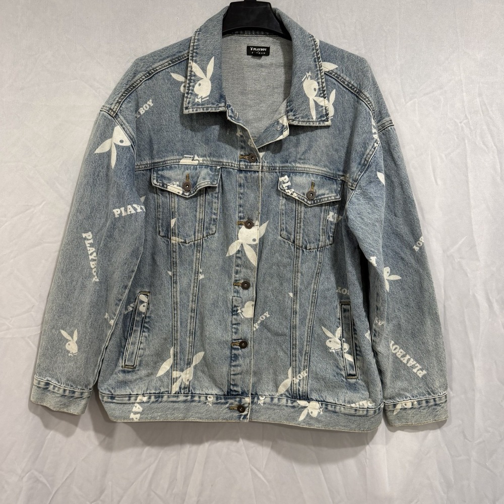 Playboy by Pacsun Denim Jacket All Over Bunny Print Distressed Blue Womens M L